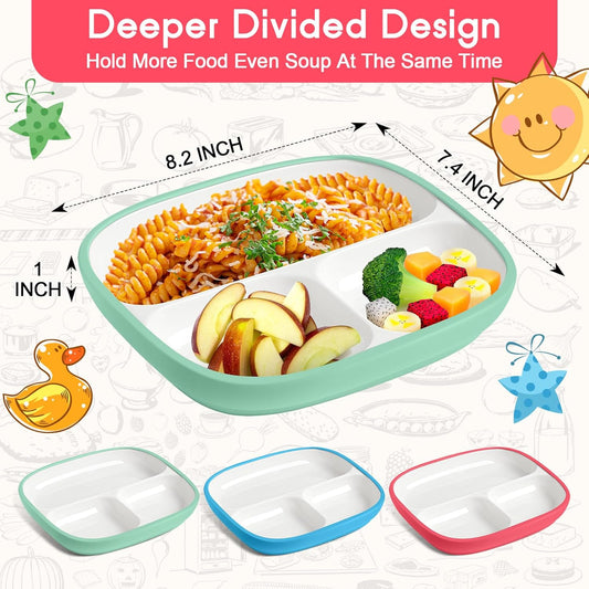 Domensi Kids Porcelain Plates with Silicone Sleeves 8.2 Inch Divided Porcelain Plate Toddler White Suction Dishes for Baby Troubleless Eating Microwave Dishwasher Safe(Stylish,3 Set)