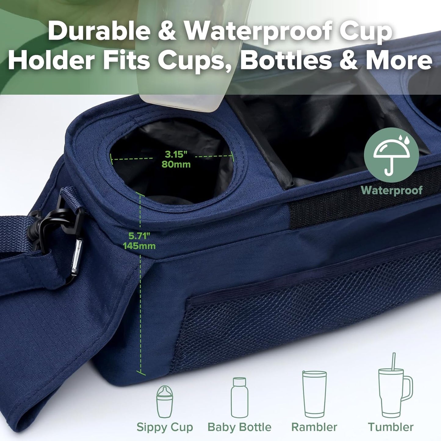 haakaa Universal Stroller Organizer - Black, Single Cup Holder, Stroller Caddy Accessories with Shoulder Strap & Extra Non-Slip Stroller Hook, Fits Most Strollers