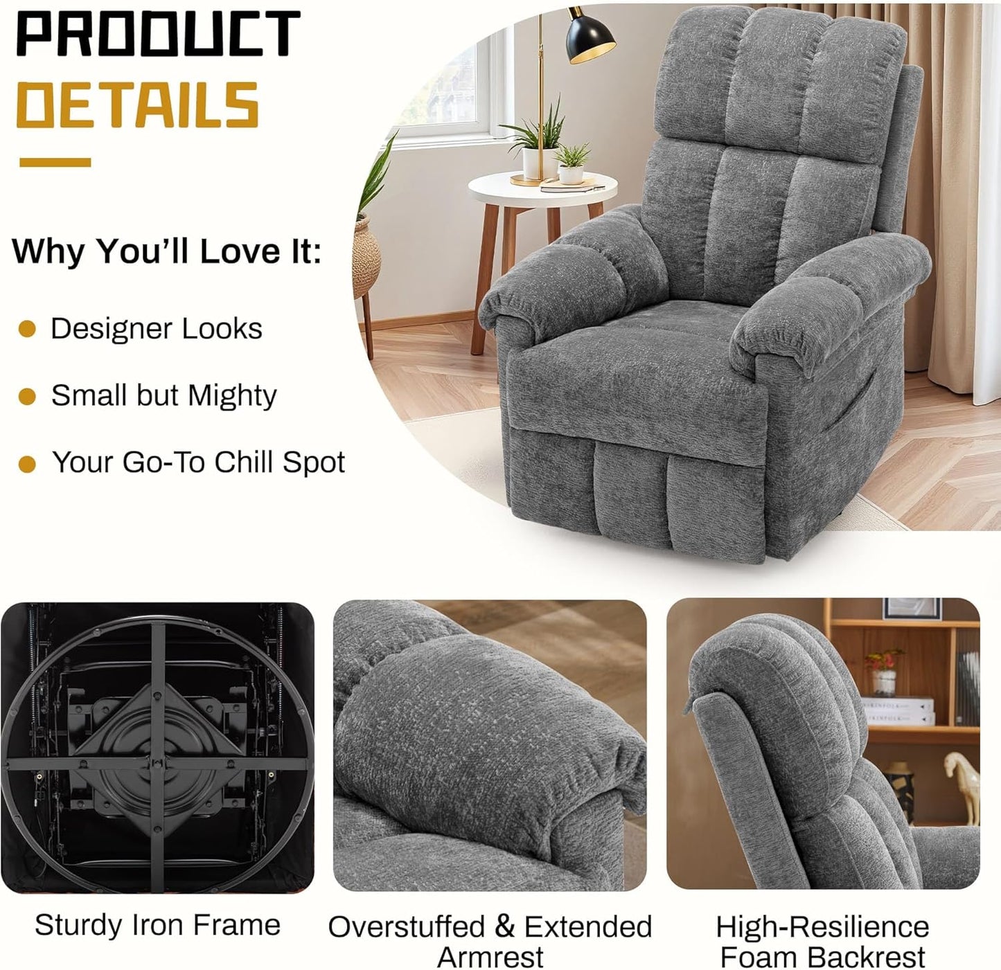 Korser Recliner Chair, Swivel Rocker Recliner Chair for Adults, Small Recliners for Small Spaces, Upholstered Manual Recliner with Side Pockets, Nursery Rocking Chair for Living Room, Chenille, Beige
