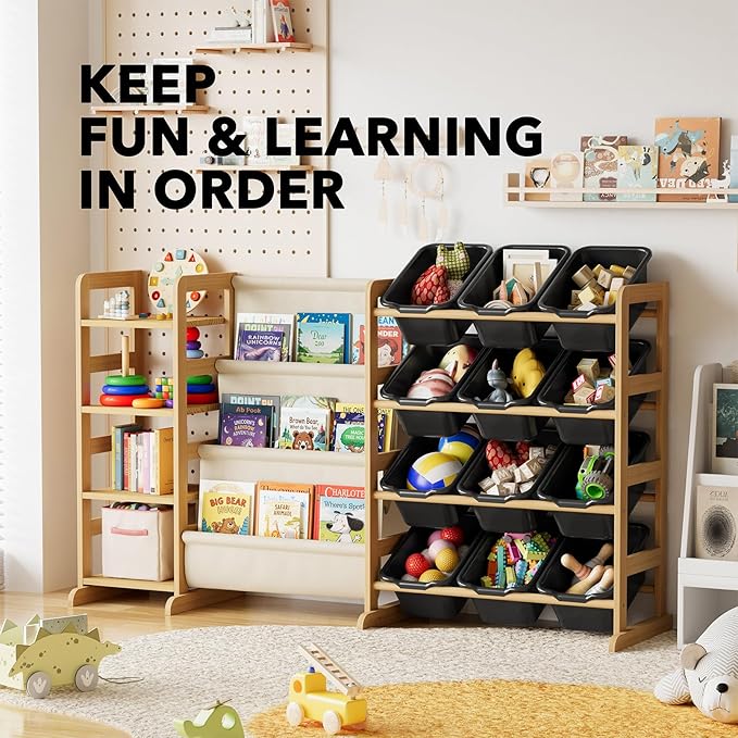 SpaceAid 3-in-1 Toy Storage Organizer with 4 Shelves and 12 Bins, Toy Organizers Storage 3-Tier Bookshelf, Kids Bin Shelf Box Bookcase for Bedroom Playroom Organization Room Decor, True Black