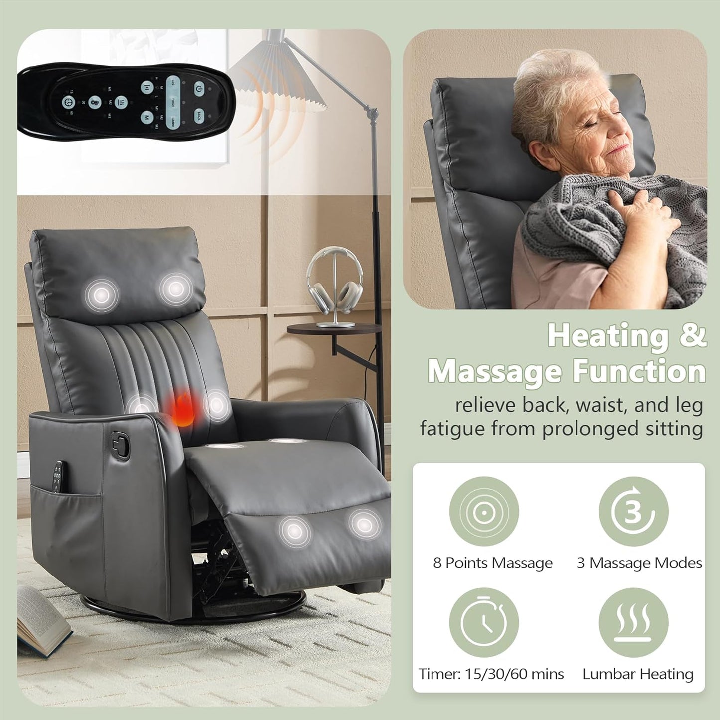 cinkehome Swivel Rocker Recliner, Glider Rocker Recliner Chair for Nursery, Manual Reclining Chair with Heated Massage, Small Spaces, Living Room, Khaki Chenille