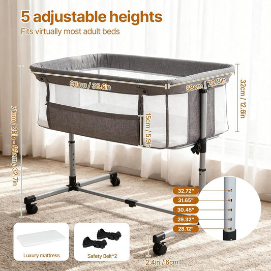 Baby Bassinet Bedside Sleeper, 2-in-1 Bedside Bassinet with Wheels, 5 Height Adjustable Baby Crib, Breathable Full Mesh & Mattress, Stable and Secure Bassinets for Newborn Infant, Grey