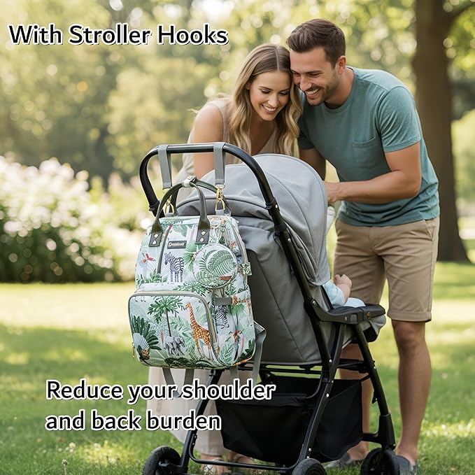 Tropical Rainforest Diaper Bag Backpack,Animal Nappy Backpack with Coin Bag USB Charging Port Stroller Straps and Insulated Pocket For Women/Mom/Travel (Animal Pattern)