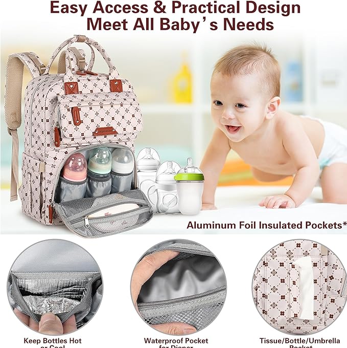 Legestori Baby Diaper Bag Backpack, Baby Bag for Girls Large Capacity with Stylish Flora, Travel Back Pack Multifunction Waterproof, Newborn Baby Registry Shower Gifts, Pink05