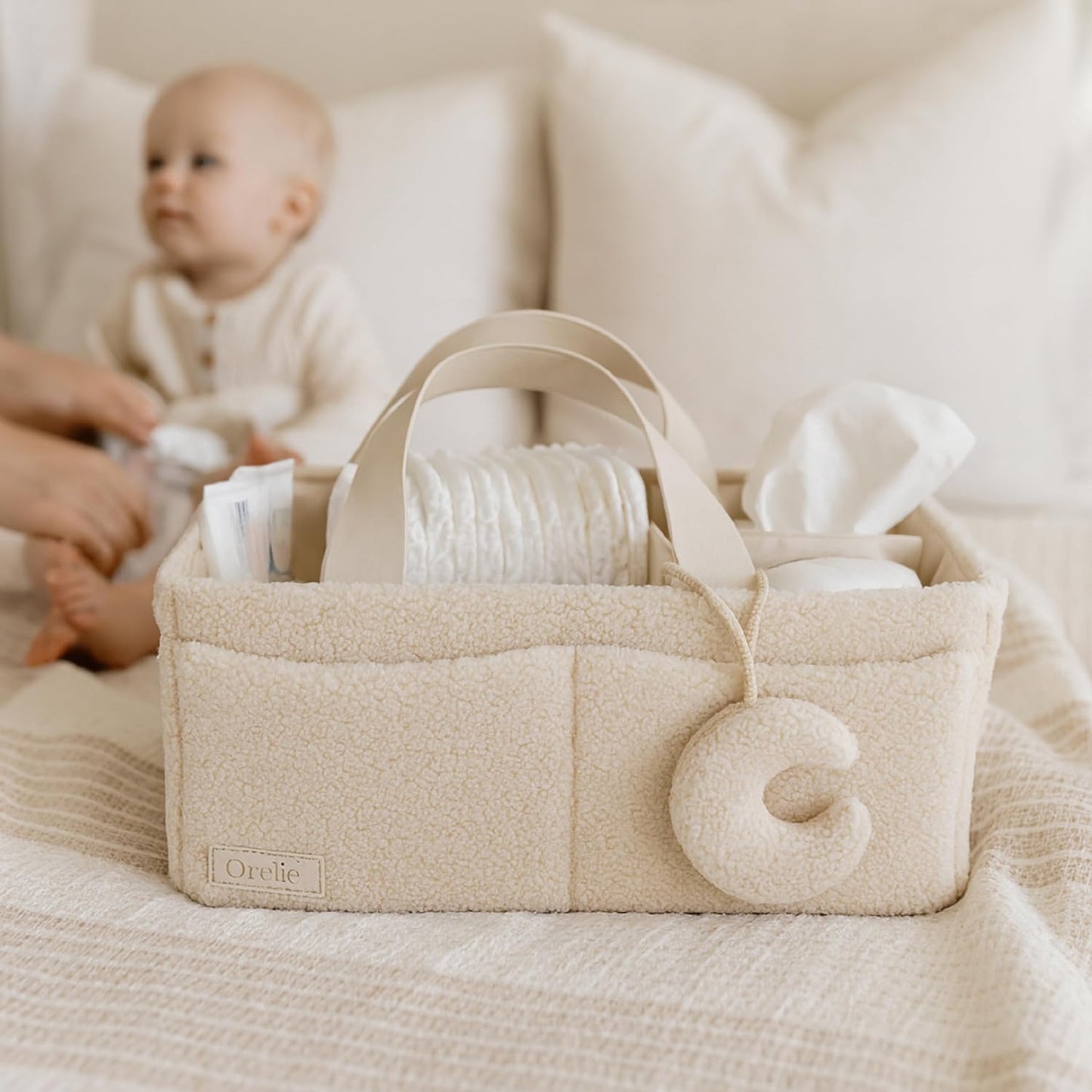 Orelle Bouclé Diaper Caddy Organizer with Matching Pouch & Moon Pendant | Teddy Portable Changing Table Organizer | Must-Have Baby Shower Gifts | Cream