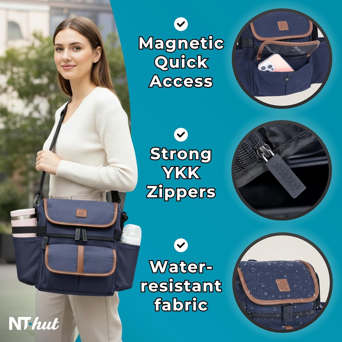 NT·hut Baby Stroller Organizer, Stroller Caddy Bag with 2 Wide Cup Holders & Bottle Straps, Universal Strap Fit, Fits 11" Tablet, Magnetic Pocket, Zipper & Mesh Pockets, Water Resistant 600D (Black)