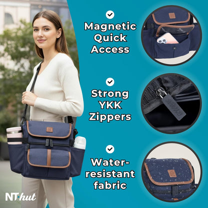 NT·hut Baby Stroller Organizer, Stroller Caddy Bag with 2 Wide Cup Holders & Bottle Straps, Universal Strap Fit, Fits 11" Tablet, Magnetic Pocket, Zipper & Mesh Pockets, Water Resistant 600D (Black)