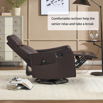 Swivel Rocker Recliner Chair for Adults, Nursery Rocking Chair with Heat and Massage, Glider Reclining Chair for Small Space Living Room Bedroom, Faux Leather Black