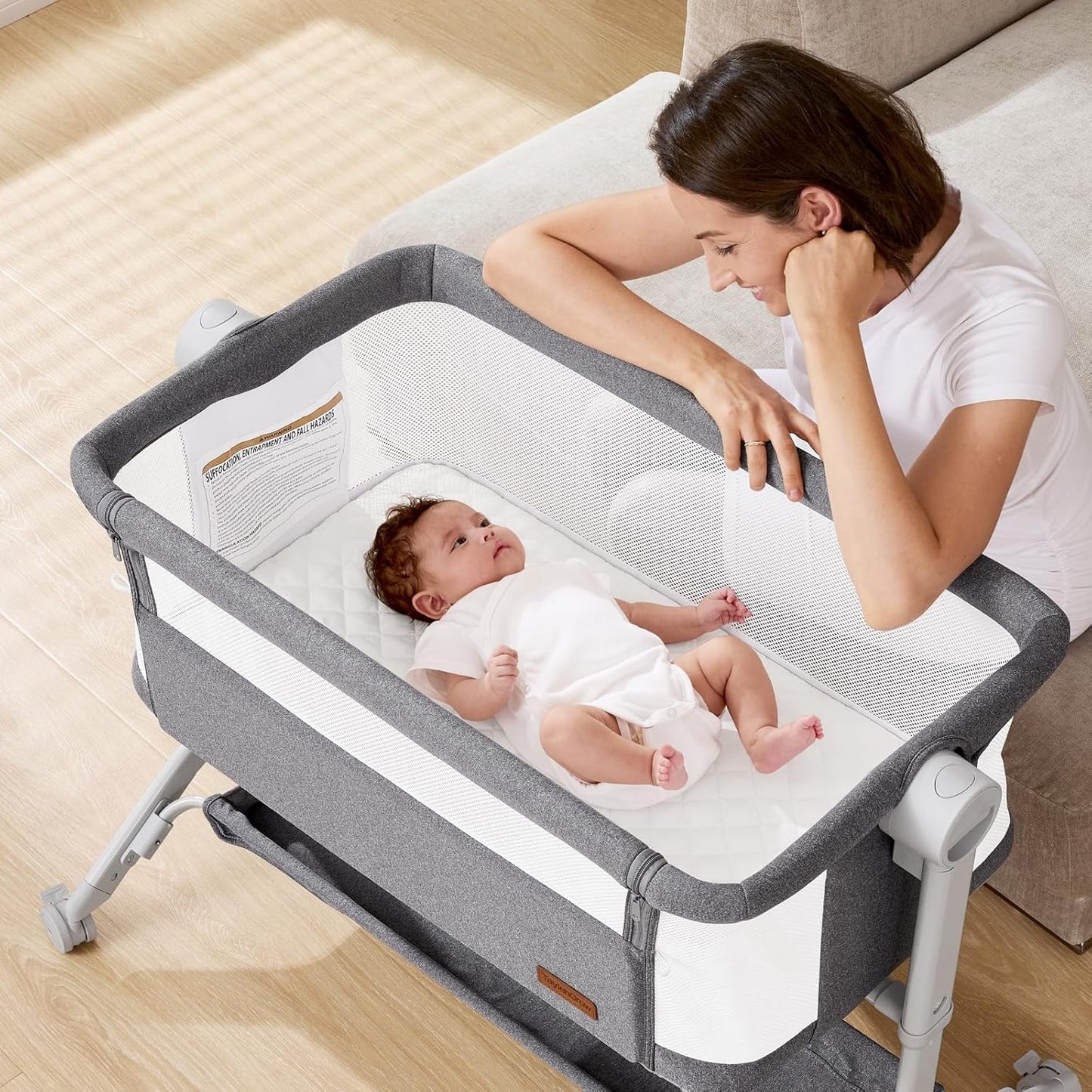 Bassinet Bedside Sleeper - All-Mesh Design, Portable Bedside Bassinet for Baby with Washable Mattress, 5 Adjustable Heights（Beige）