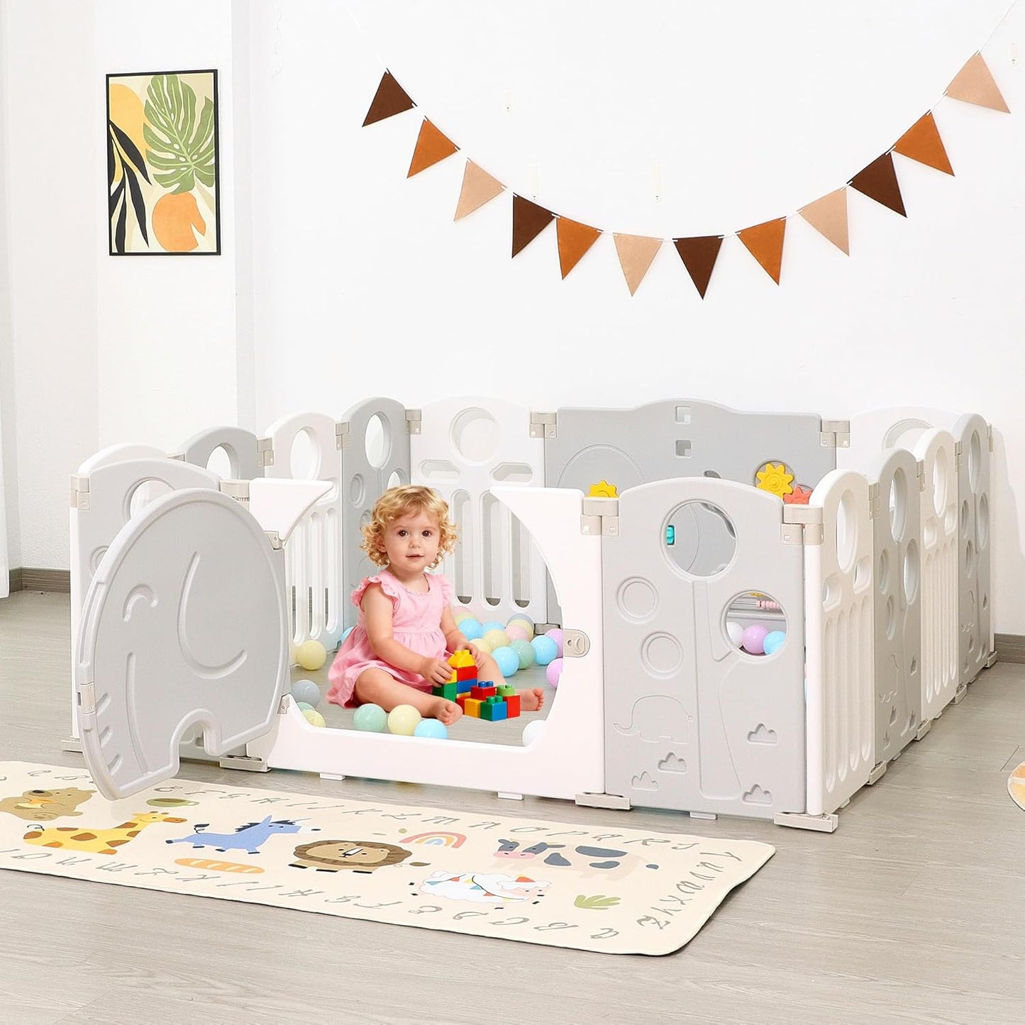 Baby Playpen, 14-Panel Foldable Play Pen for Babies and Toddlers, Indoor Outdoor Baby Fence with Sensory Play Panel, Adjustable Shape Activity Play Center, Portable & Easy Assemble