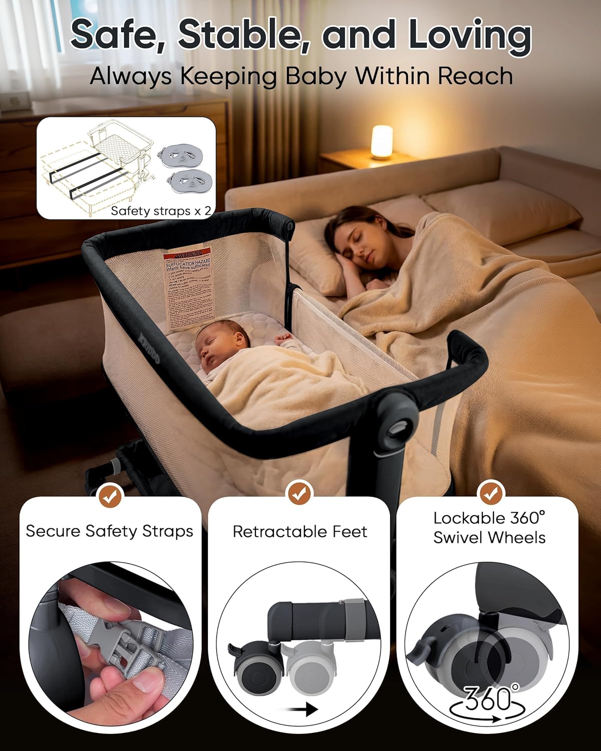 KRIDDO 2-in-1 Baby Bassinet for Infant, Bedside Bassinet with All-around Breathable Mesh, Lockable Wheels, Adjustable Height and Incline, Bedside Sleeper for Baby with Large Storage Basket, Light Grey