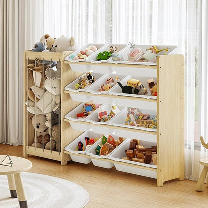EXPERLAM Kids Toy Storage Organizer, 2-in-1 Stuffed Animal Storage & Toy Organizer w/12 Bins, Solid Wood Toy Rack Featuring Thicker Elastic Ropes to Hold Toys, Playroom Nursery Bedroom Storage, White