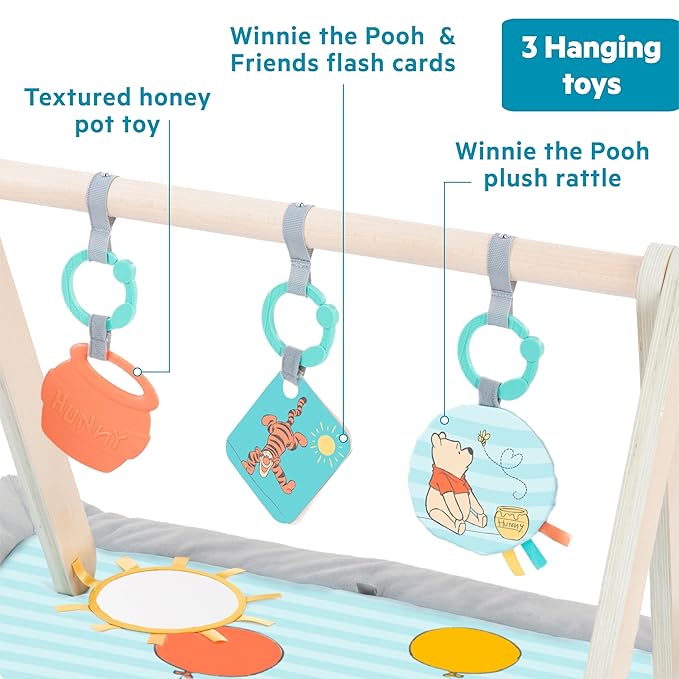 Bright Starts Disney Winnie The Pooh Once Upon a Tummy Time Baby Play Mat, Tummy Time Mat and Play Gym, Blue, Newborn