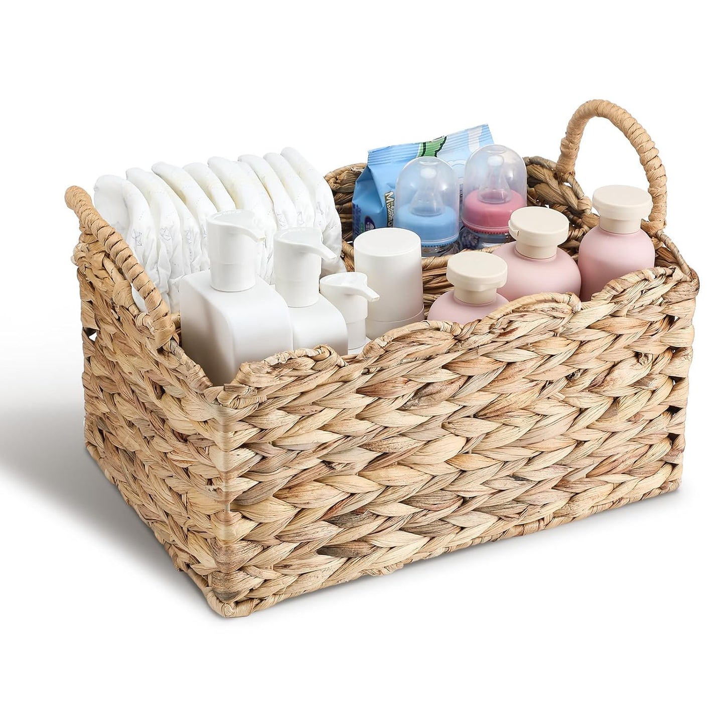 Chunful Wicker Diaper Caddy Organizer Scalloped Edge Rattan Basket with Dividers 9.5 x 13.5 x 7 Inch Woven Natural Basket Storage Organizer Handmade for Baby Shower Gifts Newborn Storage