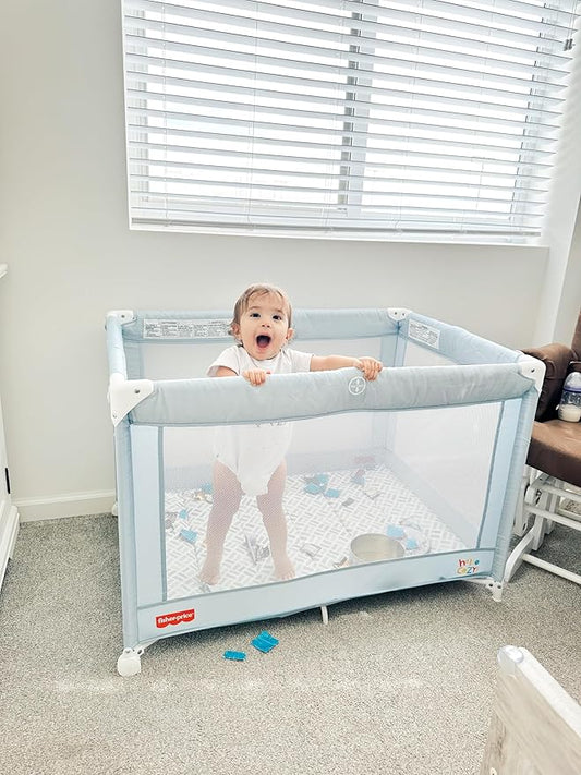 Dream On Me Fisher-Price Play All Day Portable Playard, ASTM Certified, Ideal for Babies & Toddler, One-Hand Fold, Breathable Mesh, Travel Playard with Carry Bag, Easy to Clean - Moonmist