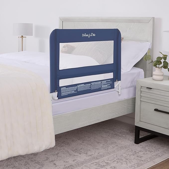 Dream On Me Lightweight Mesh Security Adjustable Bed Rail for Toddler, Breathable Mesh Fabric, Suitable for All Types of Beds, Reinforced Anchor System Bed Guard Rail, Navy