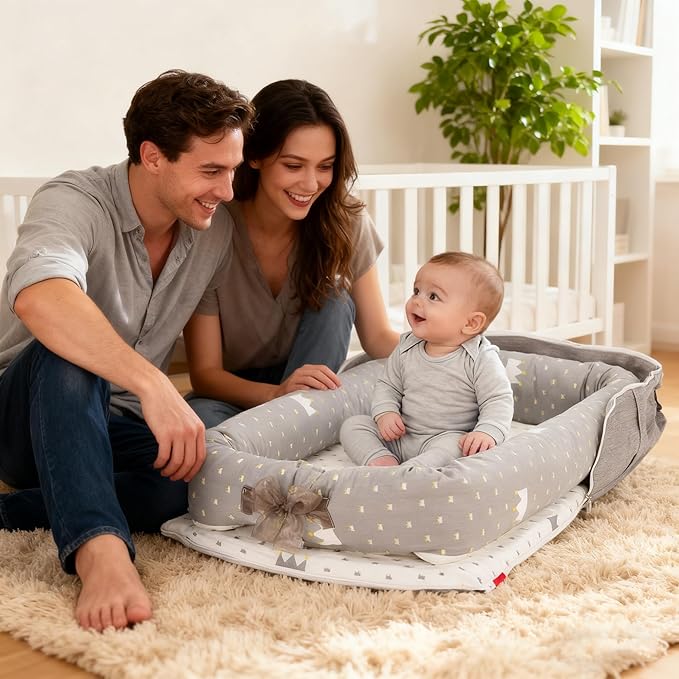 Baby Lounger for Newborns & Infants 0–24 Months, 100% Cotton Breathable Infant Support Cushion with Adjustable Size, Portable Baby Nest for Home and Travel, Baby Shower Gift(Crown Grey)
