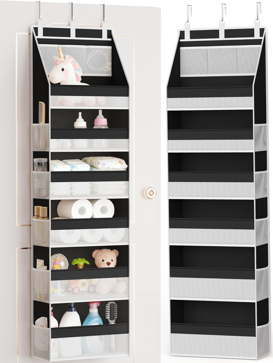 Criusia Over the Door Organizer, 6-Shelf Closet Hanging Storage with 13 Mesh Pockets, 55lbs Capacity Behind the Door Storage for Baby Nursery, Bathroom, Bedroom, and Dorm, Beige