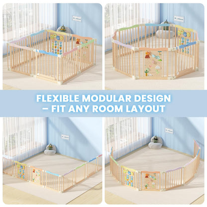 Foldable Wooden Playpen - Adjustable Wood Baby Play Yard with Child-Proof Lock, Indoor Large Safety Fence for Babies and Toddlers - Easy Assembly, 55 x 55 x 24 inches, Dino Land, Colorful
