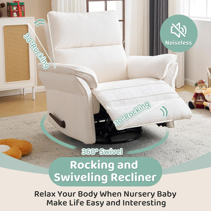 Oversized Swivel Rocker Recliner with Adjustable Headrest, Rocking Chair Nursery with Overstuffed Armrest, Manual Rocker Recliner Nursery Chair for Living Room, White