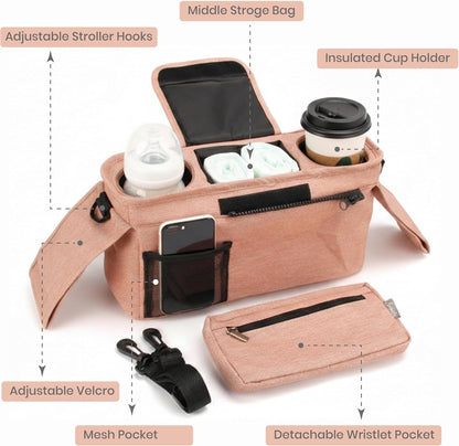 Universal Stroller Organizer, Grey - 2 Insulated Cup Holders - Non-Slip Stroller Caddy Bag - Detachable Phone Pouch - Fits Uppababy, Nuna - New Mom Essentials