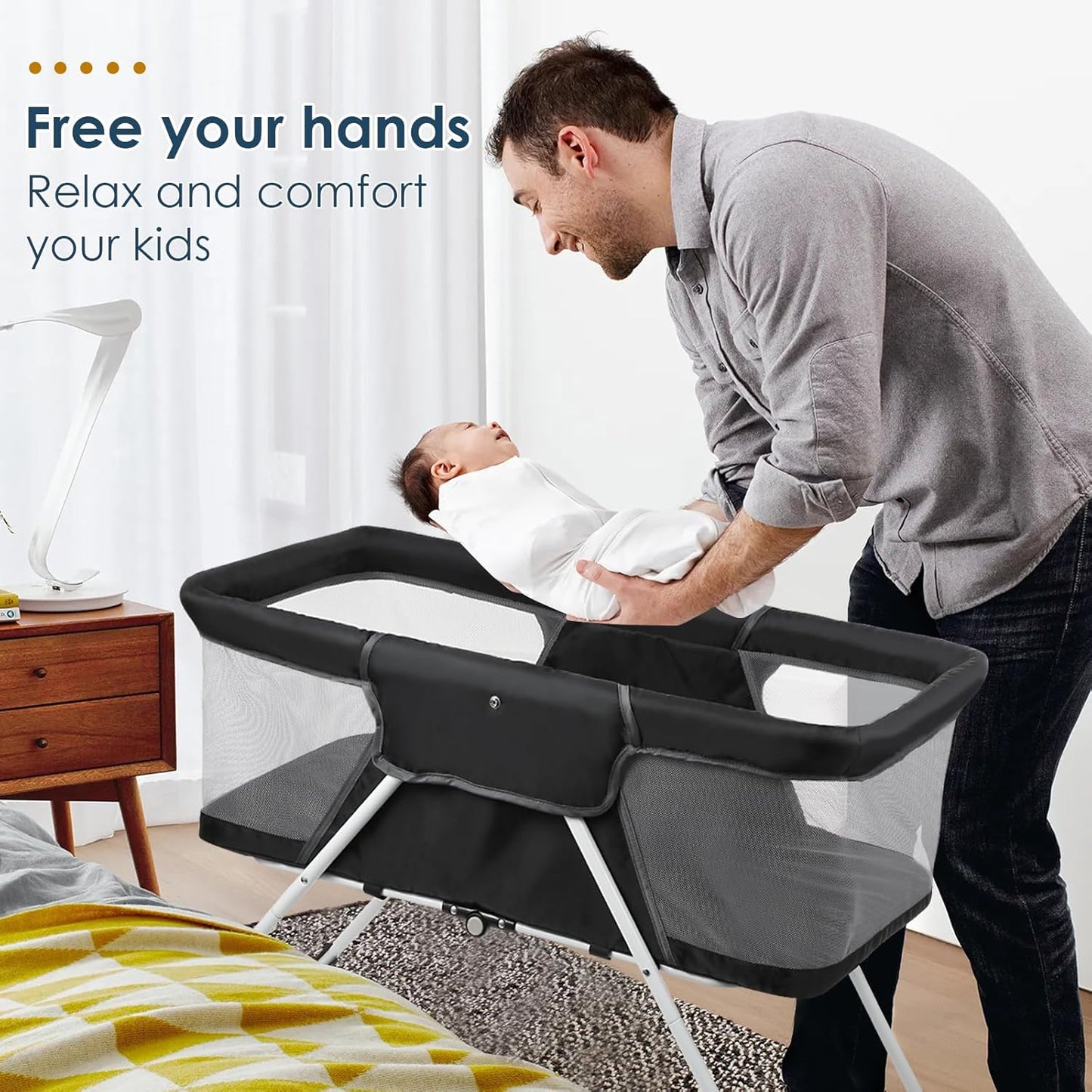 Portable Baby Bassinet - Foldable Bedside Bassinet, Lightweight Playpen with Mosquito Net, 42.5 x 40.2 x 20.8 inches, Black