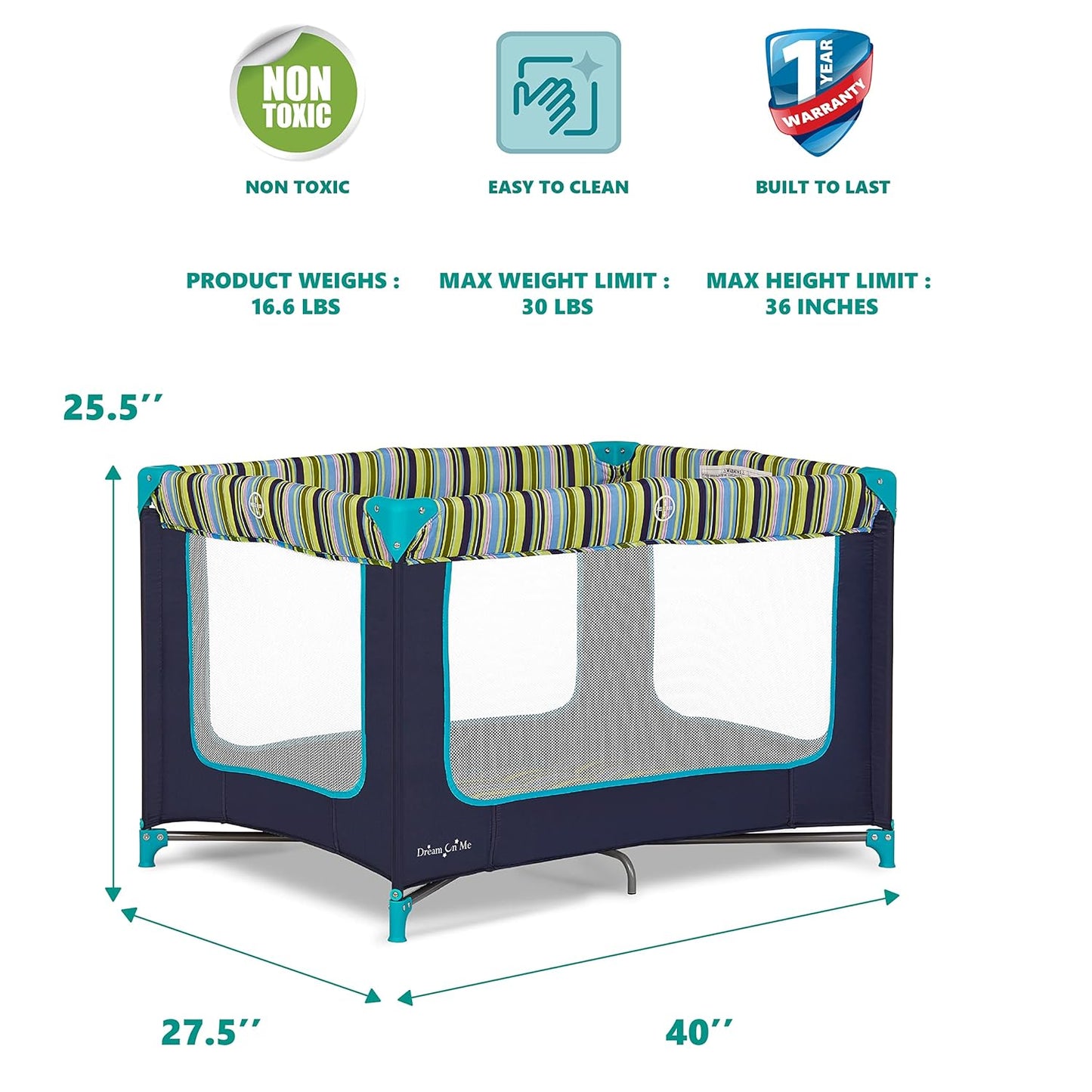 Dream On Me Zodiak Baby Playard, Breathable Mesh Sides, Soft Comfortable Mattress, Quick & Easy to Fold with Travel Carry Bag, Compact Space Saving Design - Grey/Green