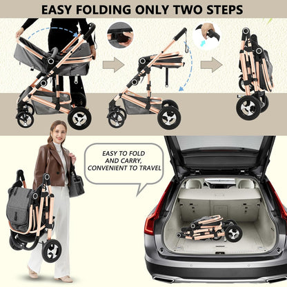 Kinder King 2 in 1 Convertible Baby Stroller, Folding High Landscape Infant Carriage, Newborn Reversible Pram, Adjustable Canopy, Diaper Bag, Pink