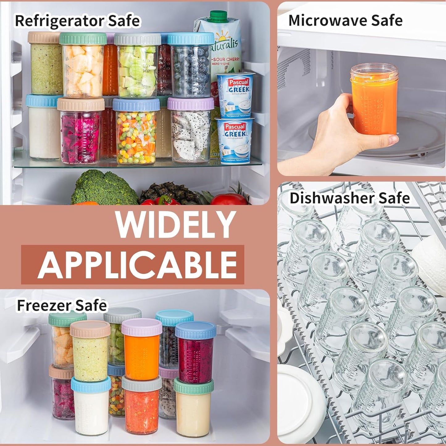 DRKIO 6 Pack Glass Baby Food Storage Containers - 4 Oz Baby Food Jars with Lids Baby Food Maker Microwave Dishwasher Freezer Safe 100% Leak Proof BPA Free Reusable