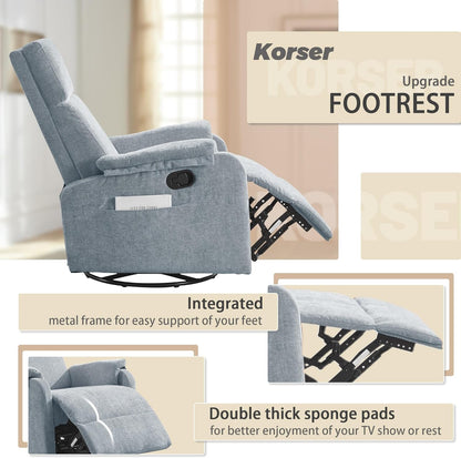Korser Recliner Chair, Swivel Rocking Recliner Chair for Adults, Glider Rocking Chair, Small Nursery Chair Recliner for Living Room, Reclining Chair with Modern-Designed Armrests, Chenille, Beige