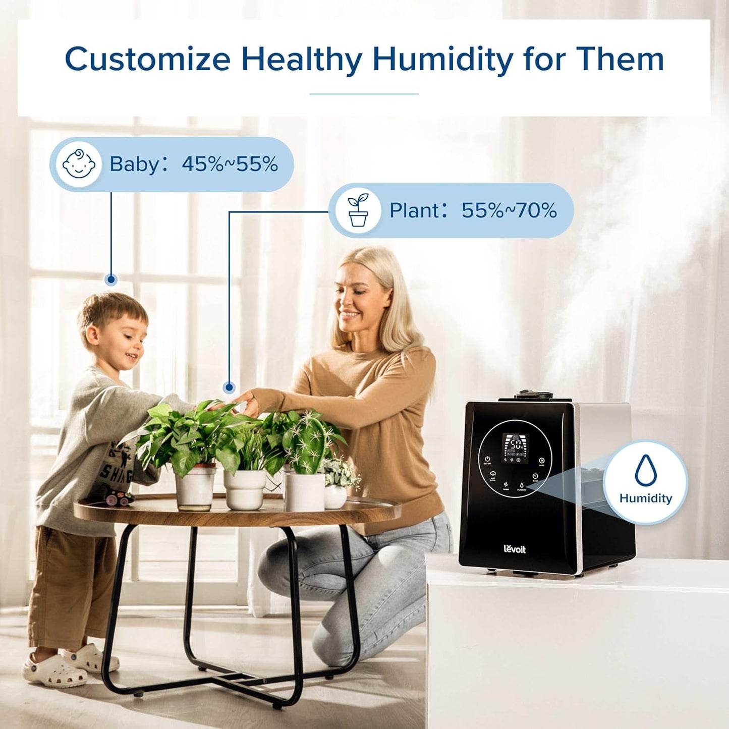 LEVOIT Humidifiers for Bedroom Home, Smart Warm and Cool Mist Air Humidifier for Large Room, Auto Customized Humidity, Fast Symptom Relief, Easy Top Fill, Essential Oil, Quiet, OasisMist4.5L, White