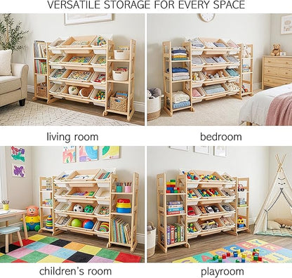 Amdermi Kids Toy Storage Organizer, 52" W White 6-Shelf Bookcase with 12 Bins, Cubby Unit for Toddler Playroom & Bedroom Organization