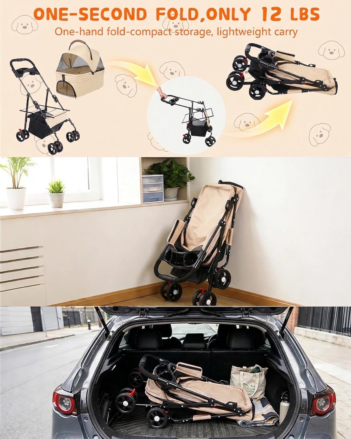 Pet Stroller with Removable Carrier, 35lbs Capacity - One-Click Foldable Dog Stroller, Cat Carrier & All-Terrain Wheels, Compact Travel Pet Stroller for Small to Medium Pets-Gray