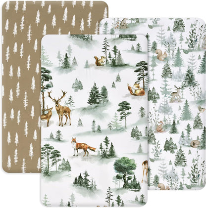 PHF 3 Pack Soft Mini Crib Sheets, Floral & Animal Pack N Play Sheets for Baby Boys Girls, No Slip Universal Fit for Pack N Play, Playard, Portable and Mini Crib Mattresses,Floral & Animal