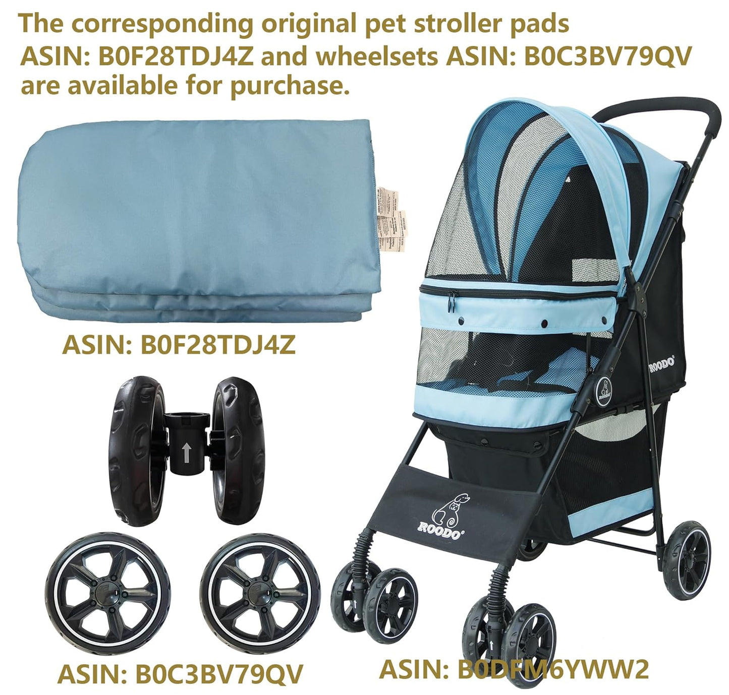 ROODO 4 Wheel Dog Cat Pet Stroller Best Lightweight Foldable Compact Portable Jogger All Terrain Travel Pet Gear Puppy Doggie Bunny Kitty Stroller for up to 30lbs Medium Small Dogs Cats(Light Khaki)