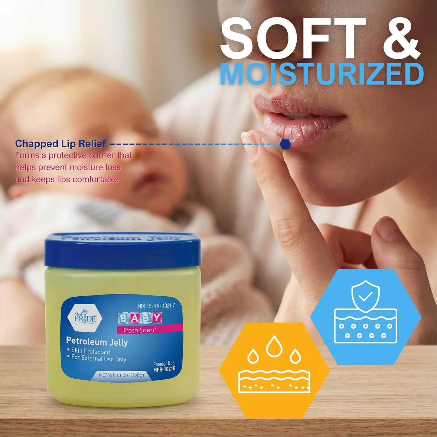 MED PRIDE Petroleum Jelly with Fresh Baby Scent, Pink, 8 oz – Skin Protectant & Moisturizing Ointment for Dry Skin, Rashes, Minor Burns, Chapped Lips & Diaper Rash