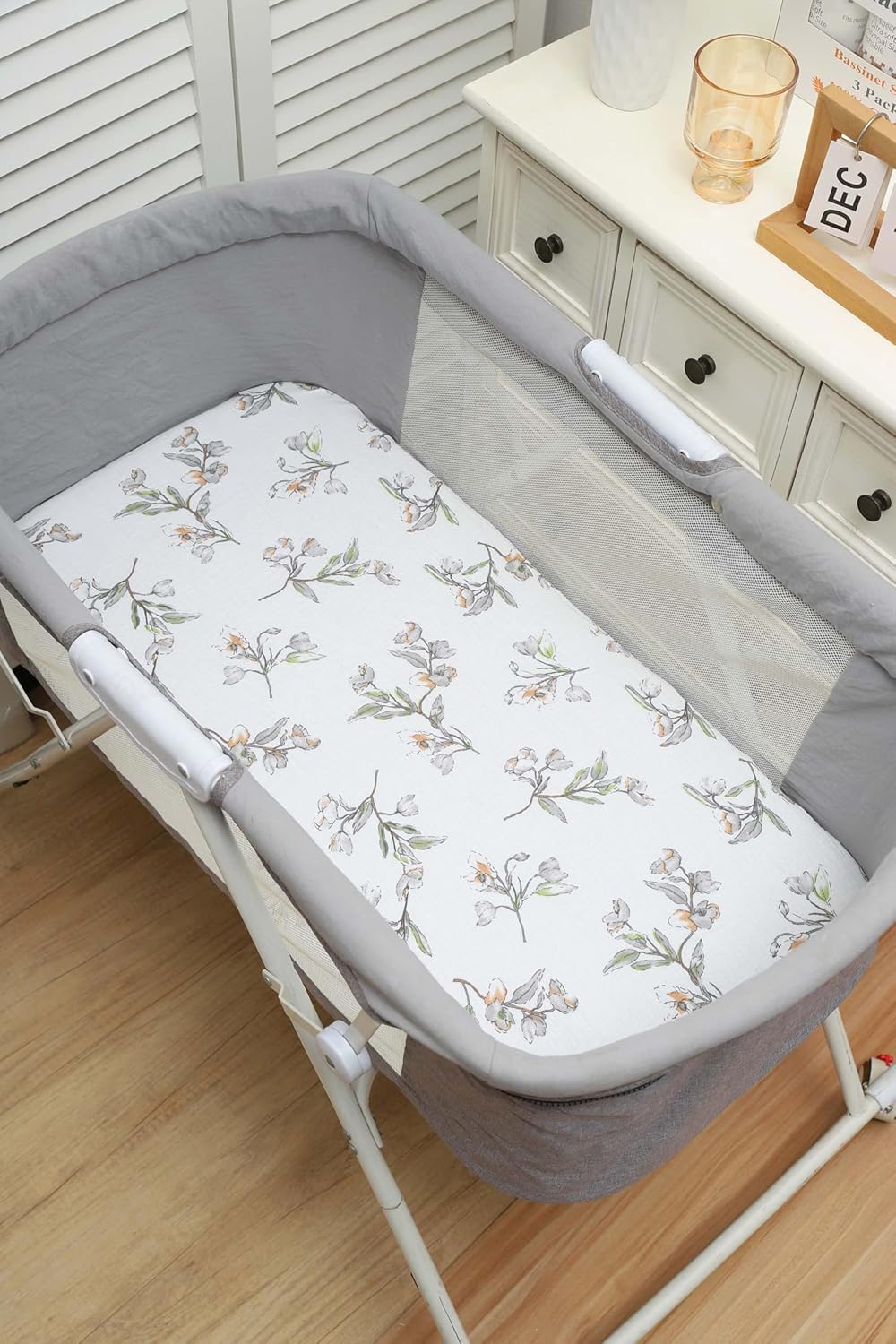 Onacosht Muslin Bassinet Sheets 3 Pack, 100% Cotton Baby Fitted Sheet 33" x 19" Compatible with Mika Micky, KoolaBaby (3 in 1), BabyBond, HARPPA and RICUTON Bedside Bassinet, Green, Floral and Cactus