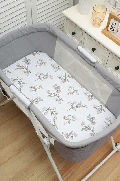 Onacosht Muslin Bassinet Sheets 3 Pack, 100% Cotton Baby Fitted Sheet 33" x 19" Compatible with Mika Micky, KoolaBaby (3 in 1), BabyBond, HARPPA and RICUTON Bedside Bassinet, Green, Floral and Cactus