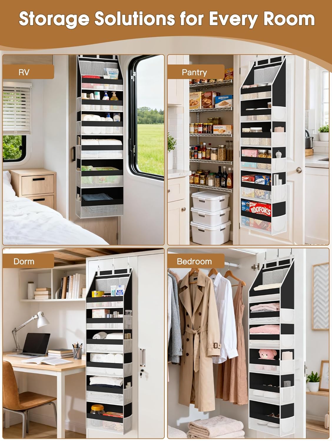 Criusia Over the Door Organizer, 6-Shelf Closet Hanging Storage with 13 Mesh Pockets, 55lbs Capacity Behind the Door Storage for Baby Nursery, Bathroom, Bedroom, and Dorm, Beige