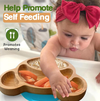 Bamboo Plates for Kids - Baby & Toddler Plates with Suction for Feeding & Weaning, Eco-Friendly Bear Design Promotes Self-Feeding, Ideal for Busy Moms & Dads, Sturdy & BPA-Free (Pink)