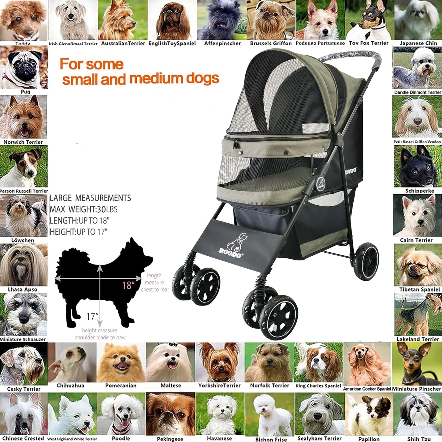 ROODO 4 Wheel Dog Cat Pet Stroller Best Lightweight Foldable Compact Portable Jogger All Terrain Travel Pet Gear Puppy Doggie Bunny Kitty Stroller for up to 30lbs Medium Small Dogs Cats(Light Khaki)