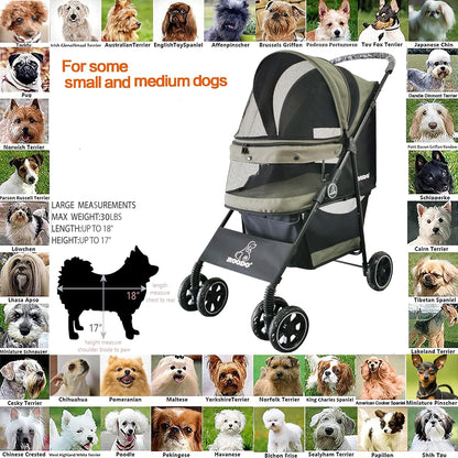ROODO 4 Wheel Dog Cat Pet Stroller Best Lightweight Foldable Compact Portable Jogger All Terrain Travel Pet Gear Puppy Doggie Bunny Kitty Stroller for up to 30lbs Medium Small Dogs Cats(Light Khaki)