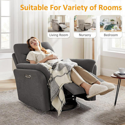 VANOMi Power Recliner Chair Swivel Glider, Electric Rocking Recliner Chairs with USB and Type-C Ports, Nursery Chair Recliner for Living Room, Bedroom, Apartment（Camel）