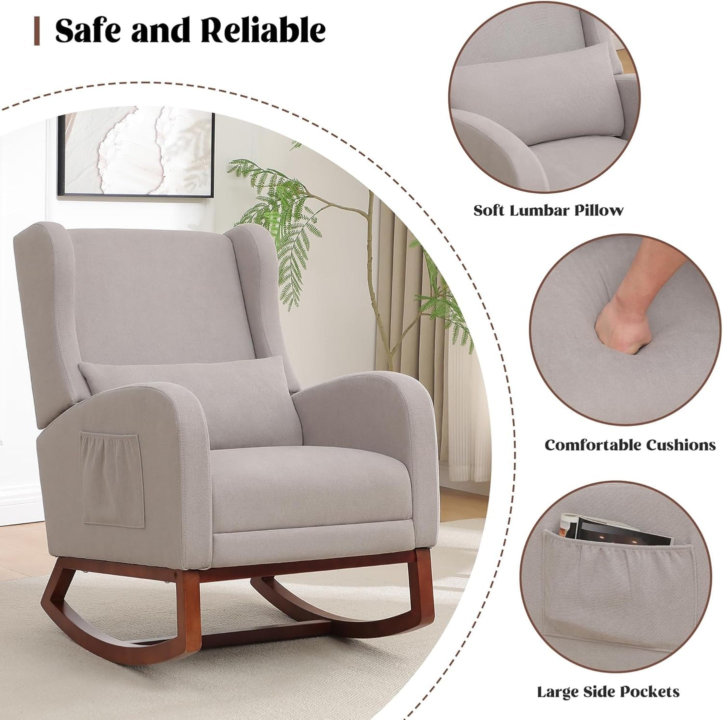 HCHAIRH Rocking Chair Nursery, Nursery Rocking Chairs with Foot Rest, Comfy Fabric Glider Rocker Nursing Chair with High Back for Nursing, Living Room, Bedroom, Beige