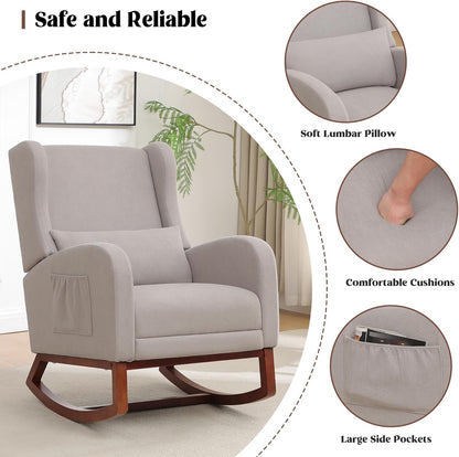 HCHAIRH Rocking Chair Nursery, Nursery Rocking Chairs with Foot Rest, Comfy Fabric Glider Rocker Nursing Chair with High Back for Nursing, Living Room, Bedroom, Beige