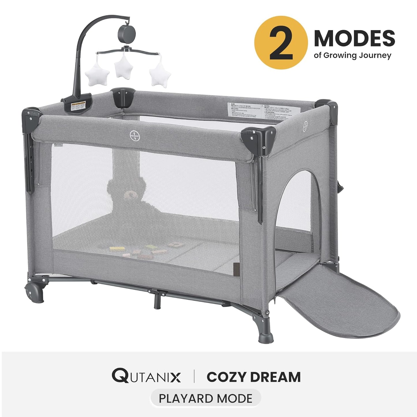 QUTANIX 2-in-1 Pack and Play with Mattress,Baby Bassinet Bedside Sleeper, Bedside Bassinet & Baby Playpen, Easy Folding Portable Crib for Newborn to Toddlers (Dark Grey)