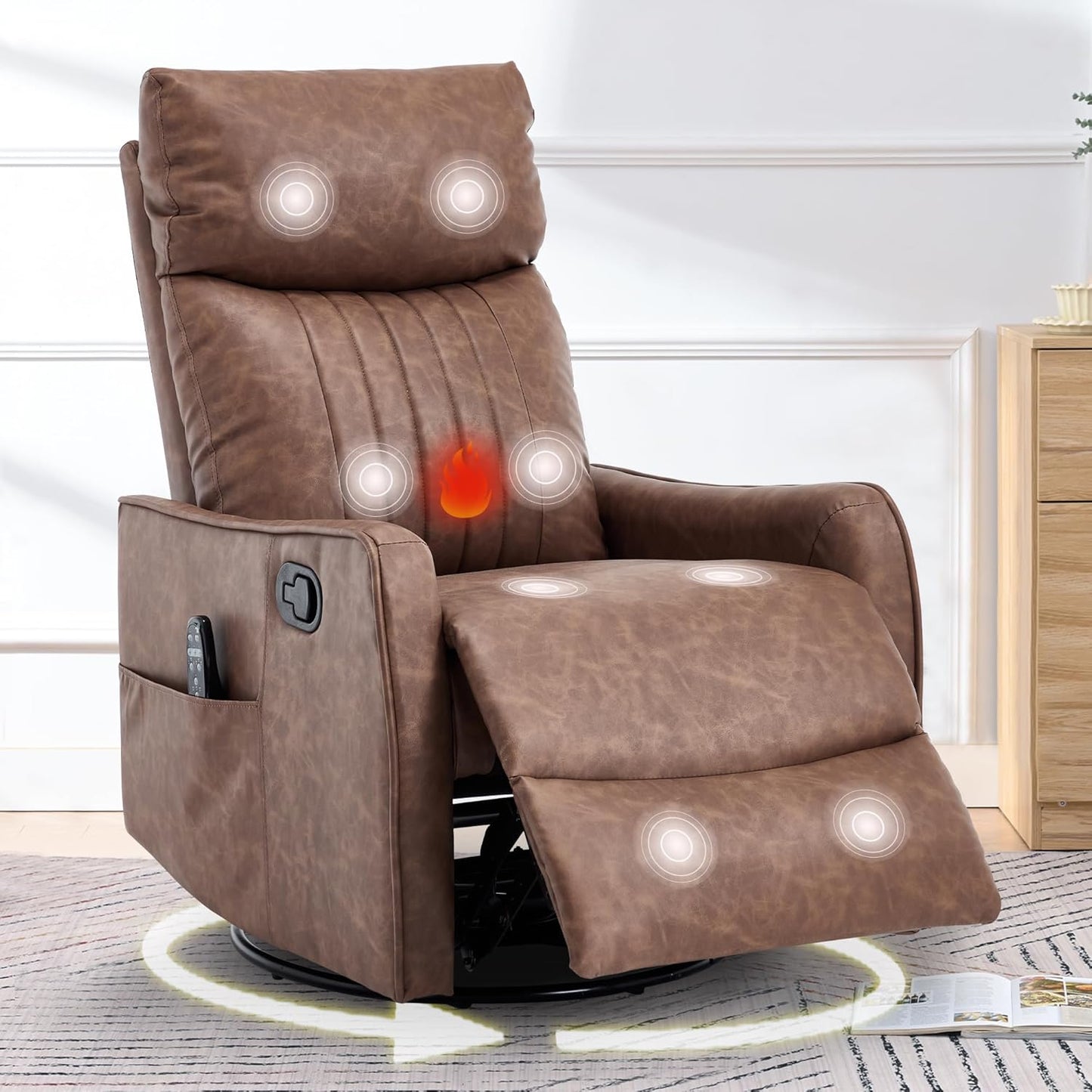 cinkehome Swivel Rocker Recliner, Glider Rocker Recliner Chair for Nursery, Manual Reclining Chair with Heated Massage, Small Spaces, Living Room, Khaki Chenille
