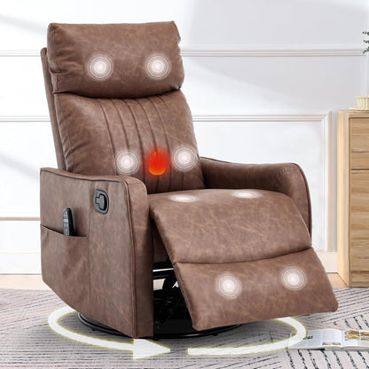 cinkehome Swivel Rocker Recliner, Glider Rocker Recliner Chair for Nursery, Manual Reclining Chair with Heated Massage, Small Spaces, Living Room, Khaki Chenille