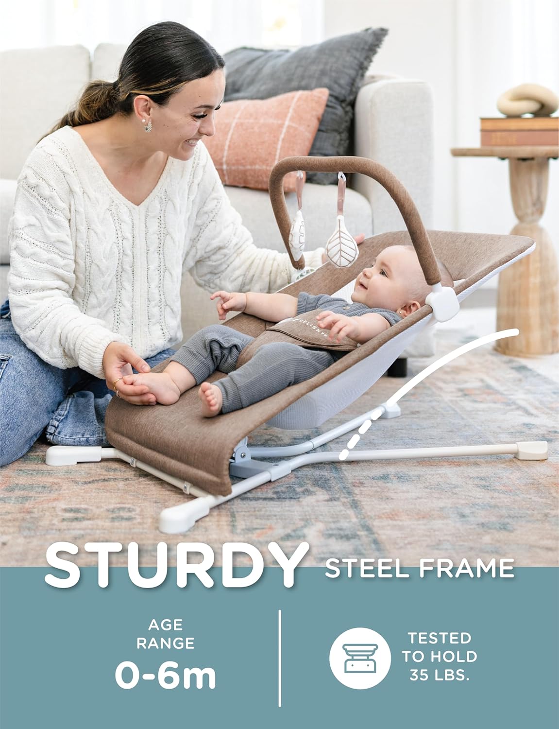 Baby Delight Highland Baby Bouncer | Infant | 0 – 6 Months | 3-Position Recline | Sage Tweed