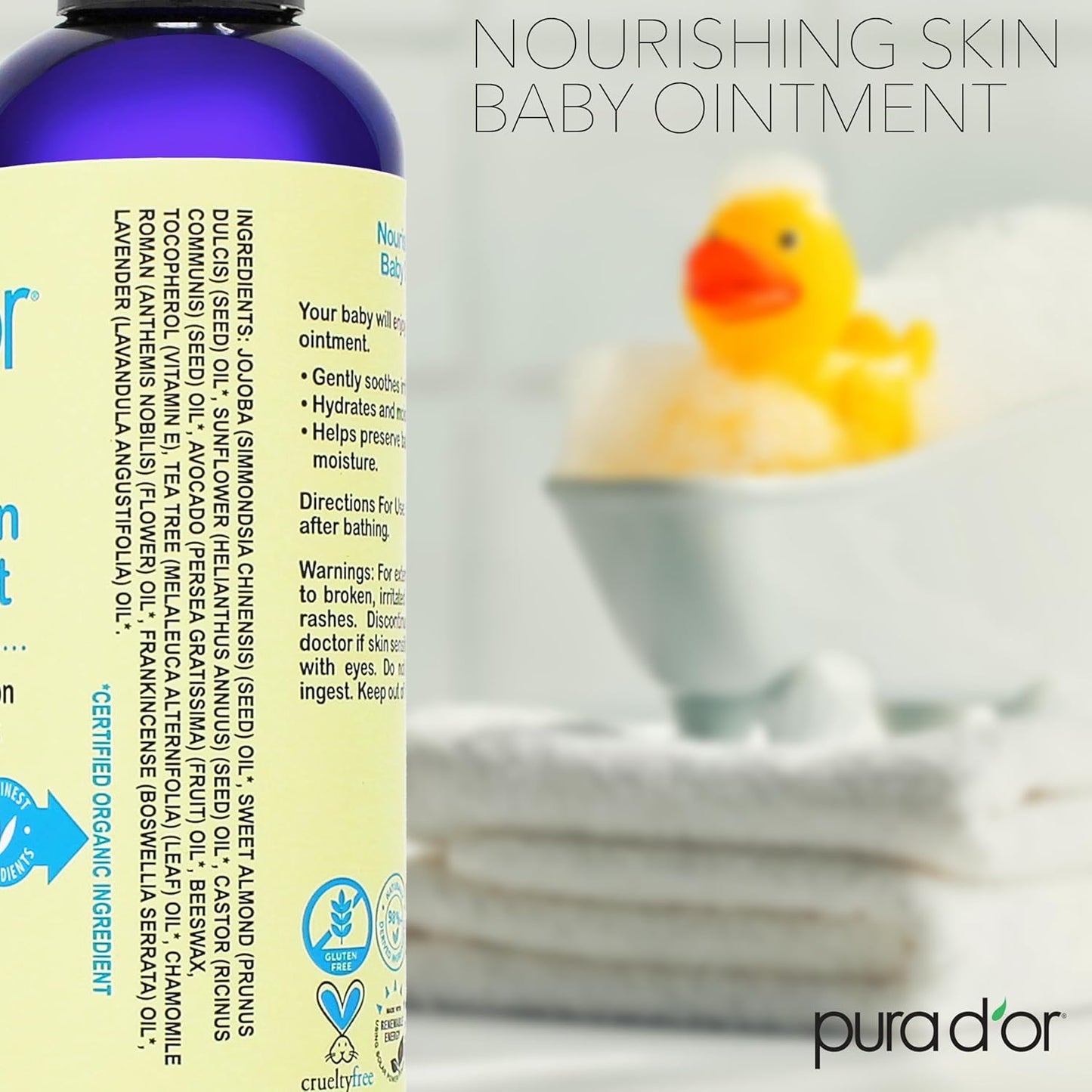 PURA D'OR Baby Ointment, 8 Oz, Moisturizing Balm for Sensitive Skin, Diaper Area, Dryness, Protective Barrier, Gentle Care, Jojoba, Almond, Sunflower, Avocado Oils, Beeswax, Vitamin E, Daily Comfort